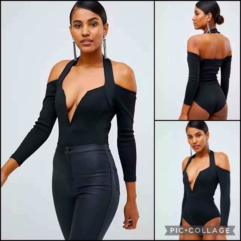 ASOS Lavish Alice Bodycon Plunge Long Sleeve Halter Bodysuit